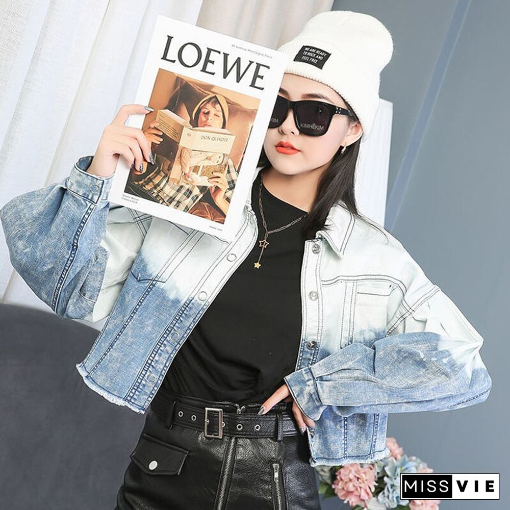 Spring Tie Dye Denim Cropped Jacket Women Casual Loose Jeans Jacket All Match Short Lady Coats Street Wear Korean New