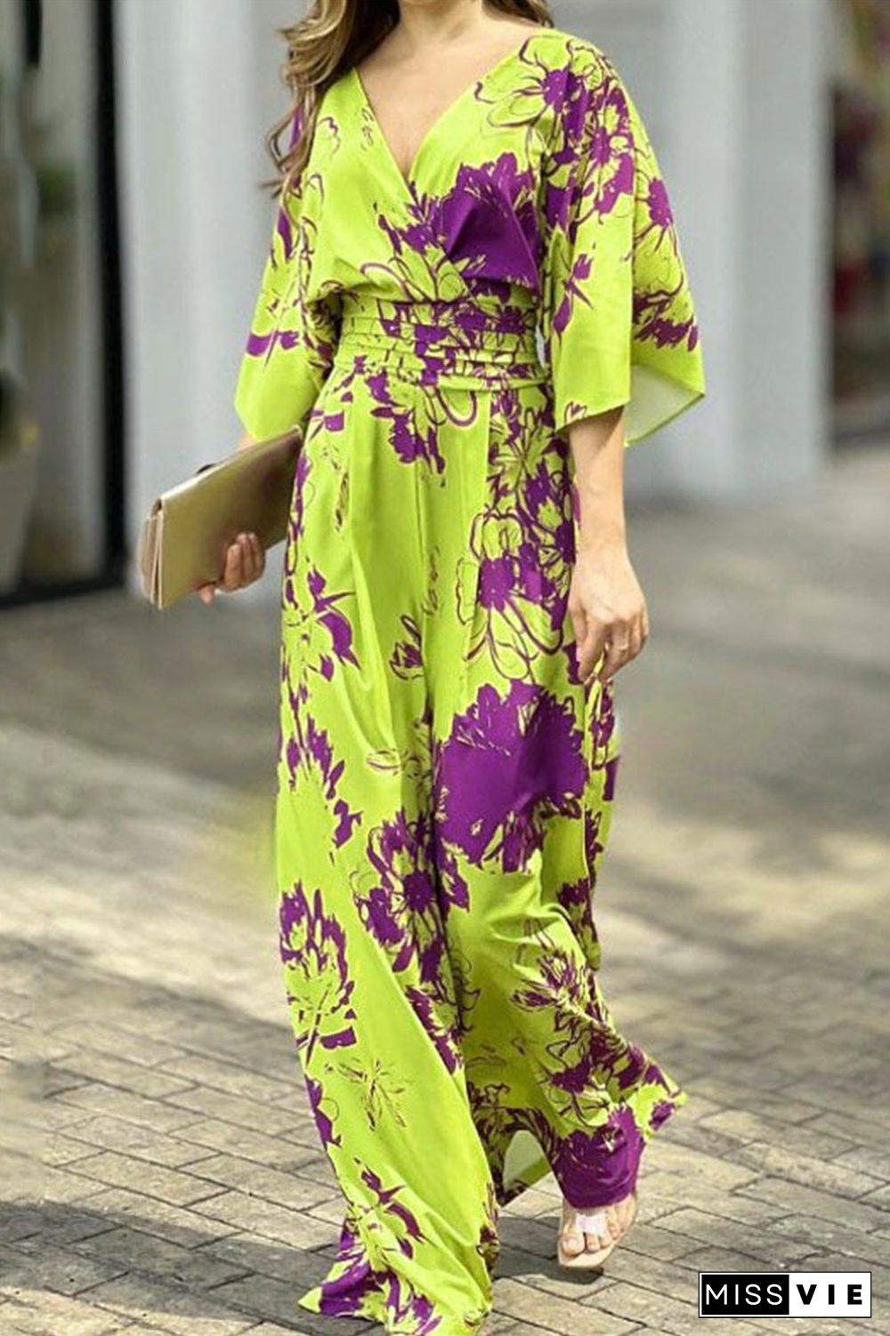 Casual Elegant Floral Patchwork V Neck Loose Jumpsuits