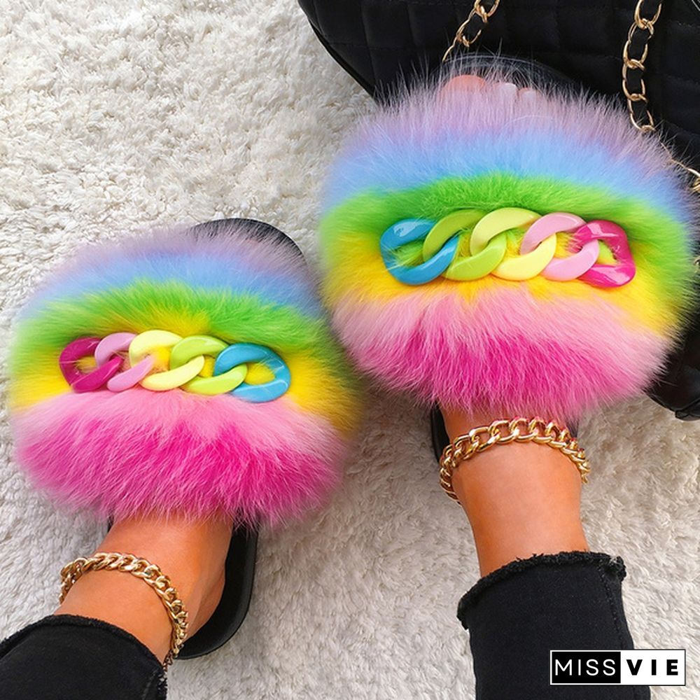 New Fashion Real Fox Fur Slippers For Women Fur Slides Summer Beach Fluffy Chain Fur Sandals Home Furry Flip Flop Plush Shoes Multicolor