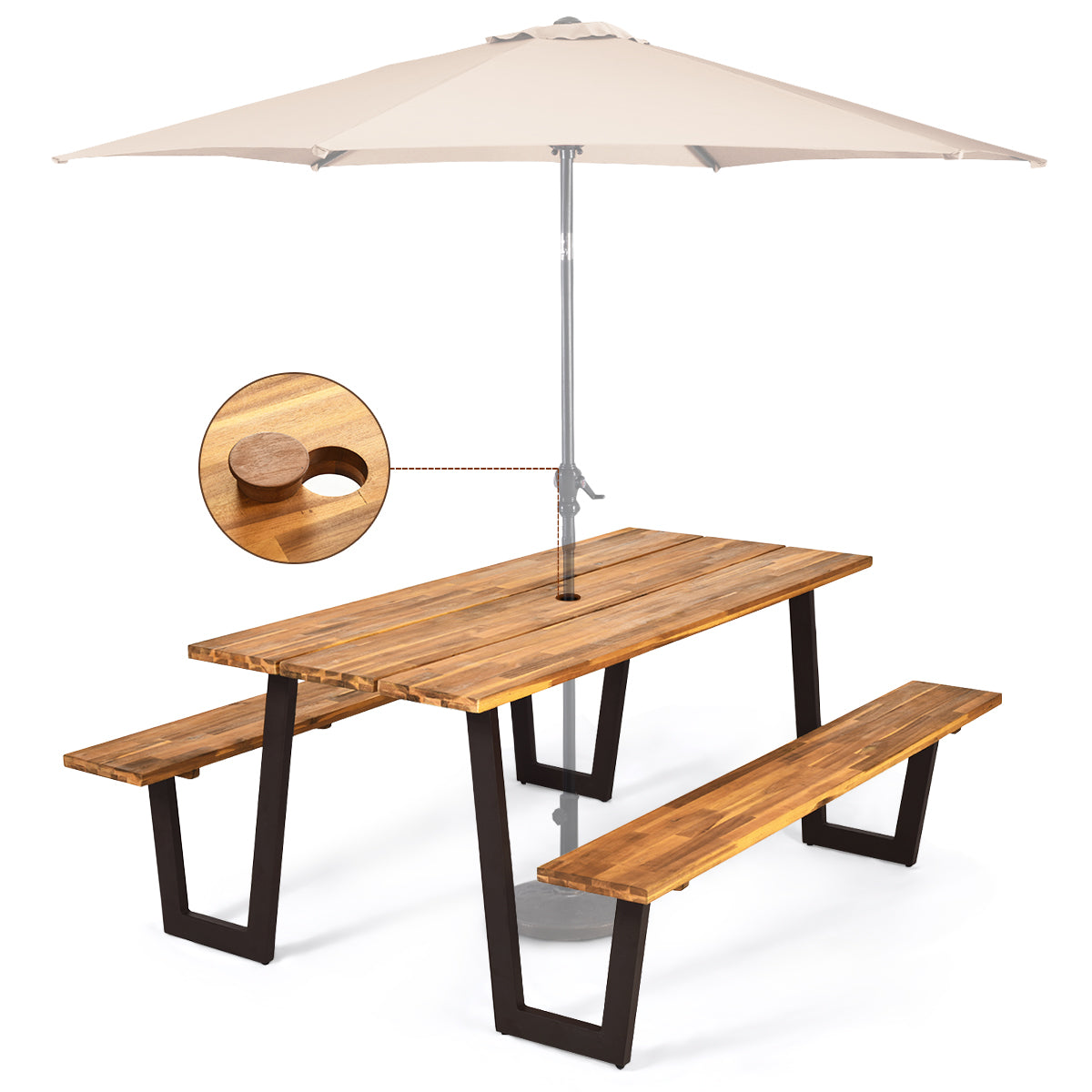 Costway Picnic Table with 2 Benches 70'' Dining Table Set with Seats and Umbrella Hole