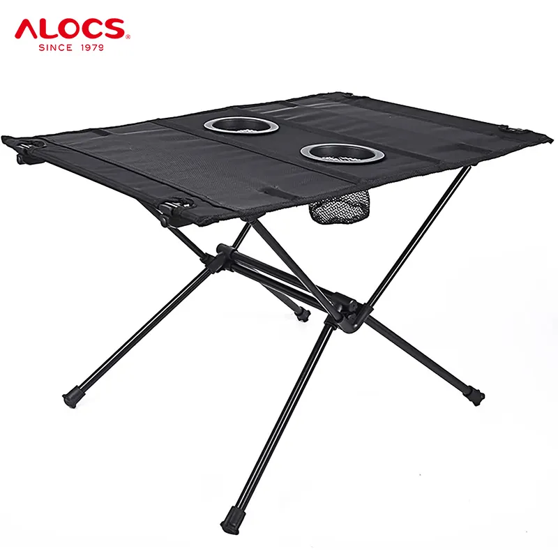 Alocs Ultralight Portable Outdoor Aluminum Mesh Folding Table Custom Logo Picnic Beach Camping Table with Cup Holder