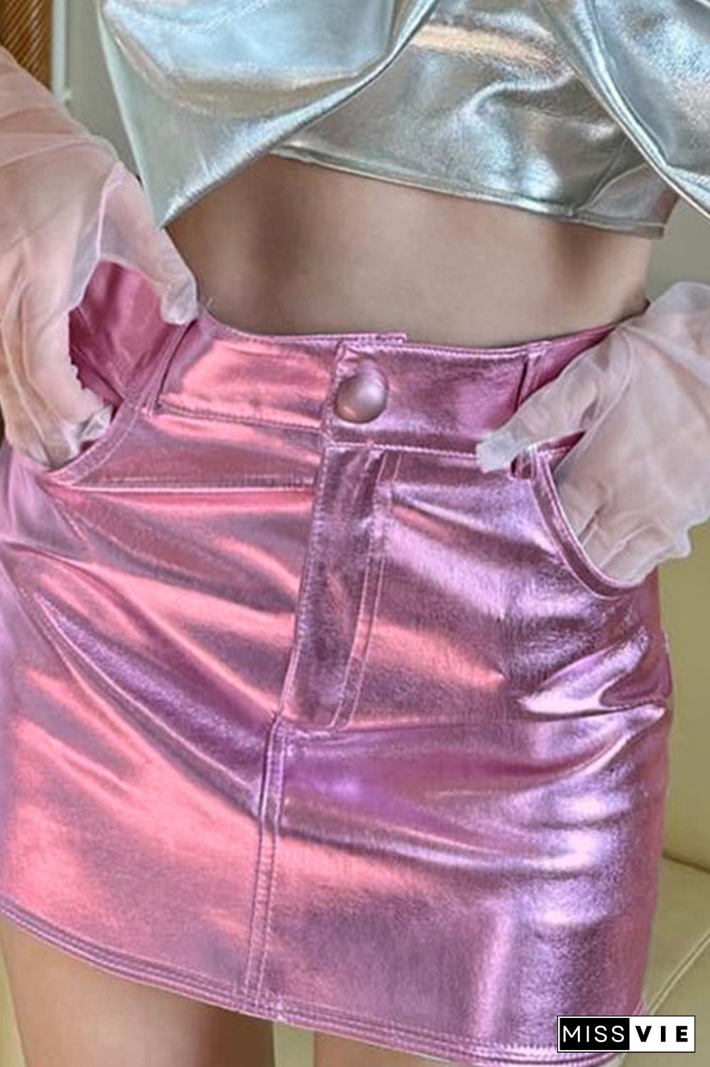 Shiny Button Closure Mini Skirt