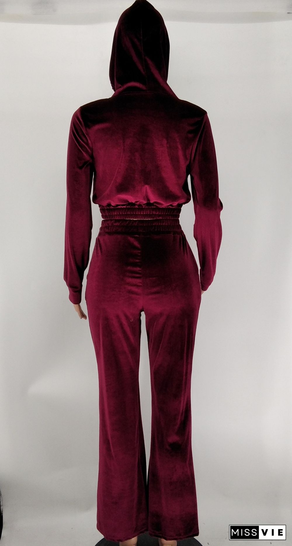 Velvet Zip Hooded Crop Top Flared Pants Set