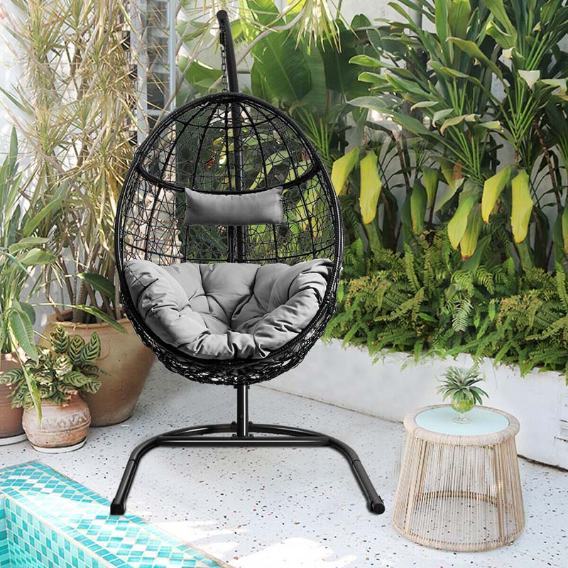 Outdoor Indoor Hanging Egg Chair Hammock Swing Chair with C Hammock Stand Set, Soft Seat Cushion & Pillow