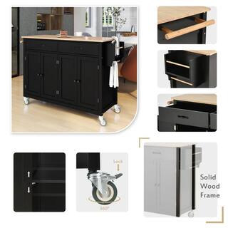 54.3 in. L x 18.5 in. W x 36.22 in. H Black Kitchen Island Cart with Solid Wood Top and Locking Wheels WFAAB286wy