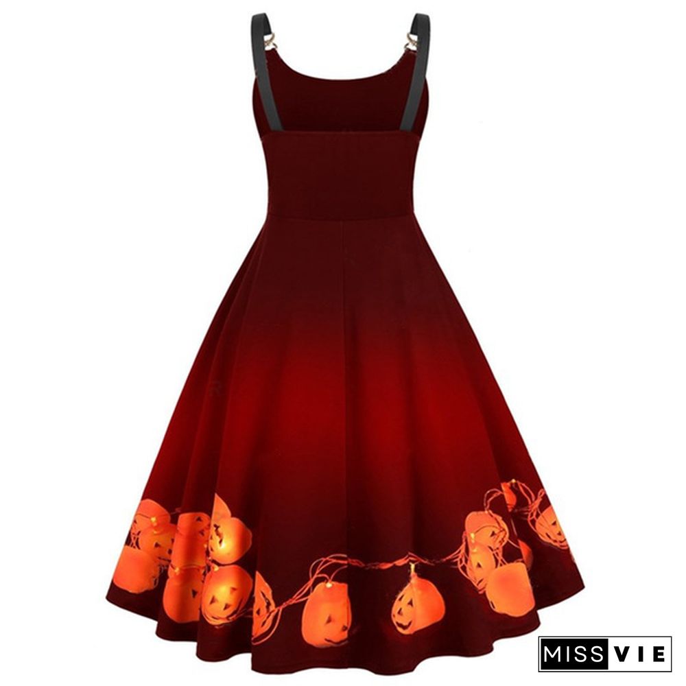 Plus Size Fashion Women Pumpkin Elk Santa Print Dress Autumn and Winter Halloween Christmas Costume Sleeveless Dresses Casual Swing Party Dress