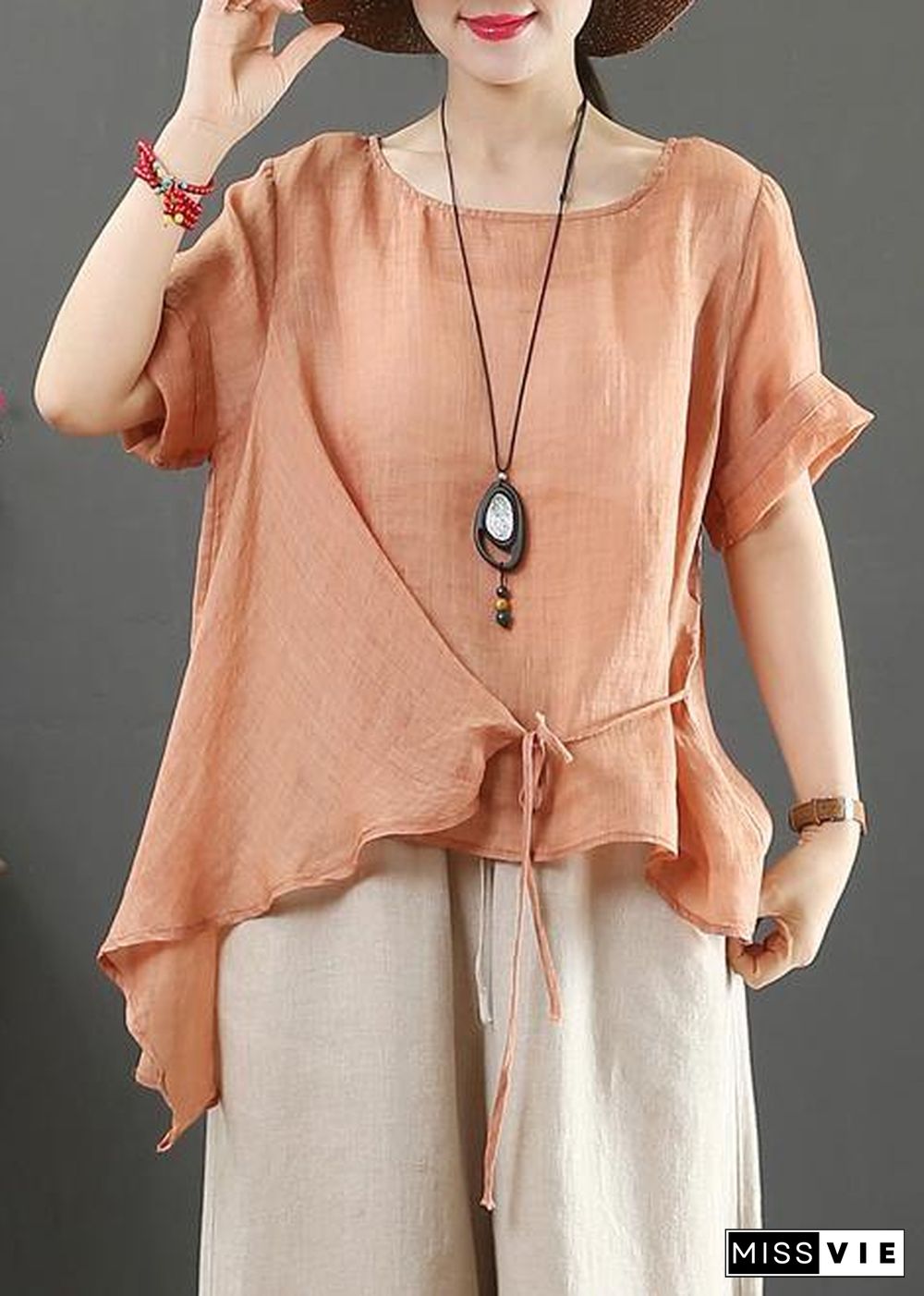 Italian o neck asymmetric cotton linen clothes pink silhouette blouses