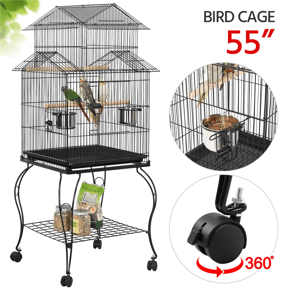 Easyfashion Large Metal Rolling Bird Cage Parrot Aviary Canary Pet Perch With Stand， Black