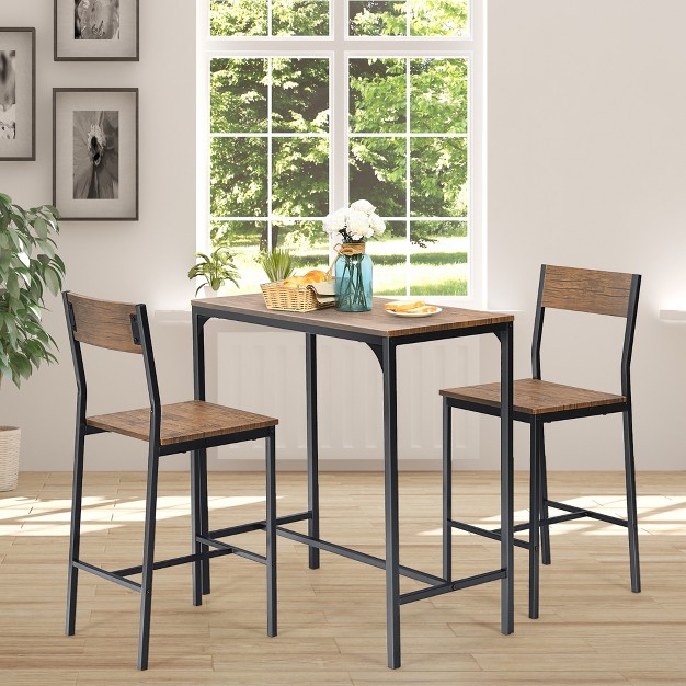 Costway 3pcs Bar Table Set Industrial Counter Height Dining Table Set W 2 Stools