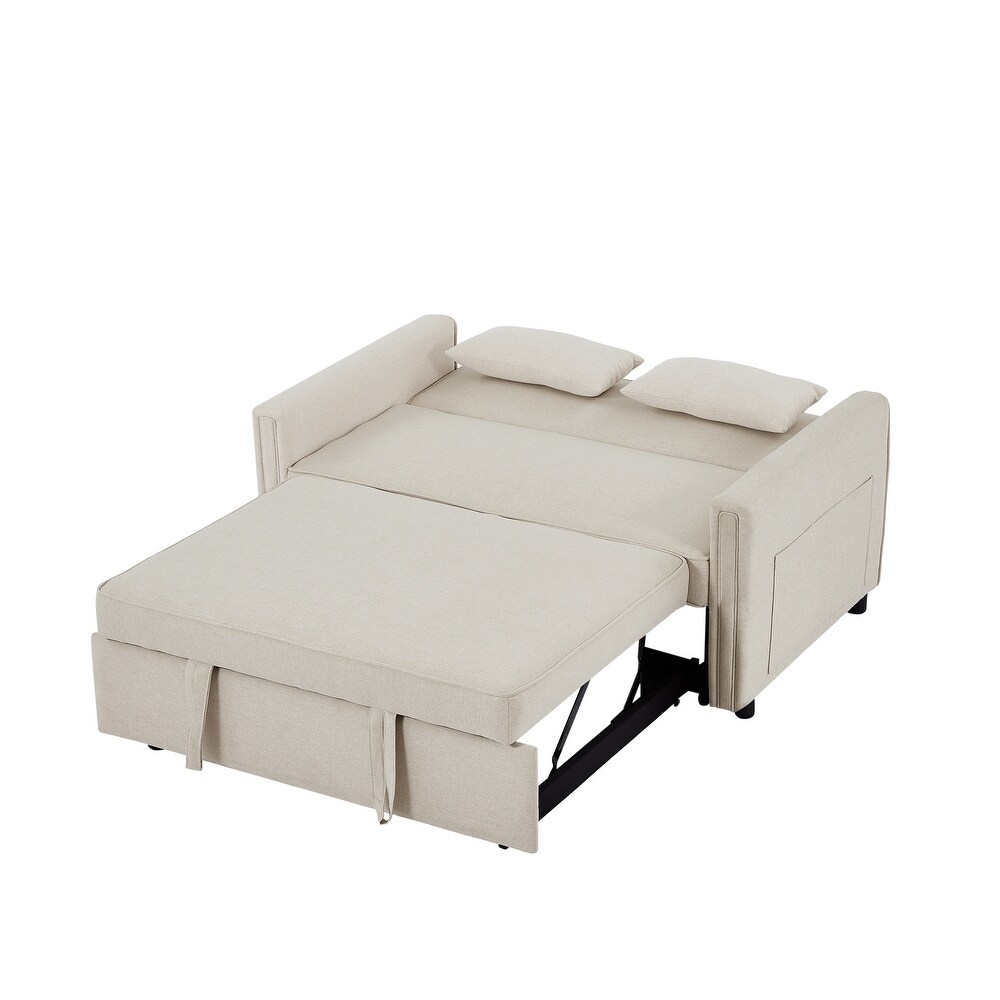 Modern Linen Convertible Loveseat Sleeper Sofa Couch with Adjustable Backrest  Pull Out Bed and 2 Lumbar Pillows  Ivory