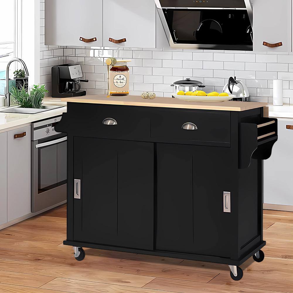 Black Rubber Wood Top 52.2 in. W Kitchen Island on 4-Wheels with Sliding Barn Door and 2-Drawers VJ033KIsland26