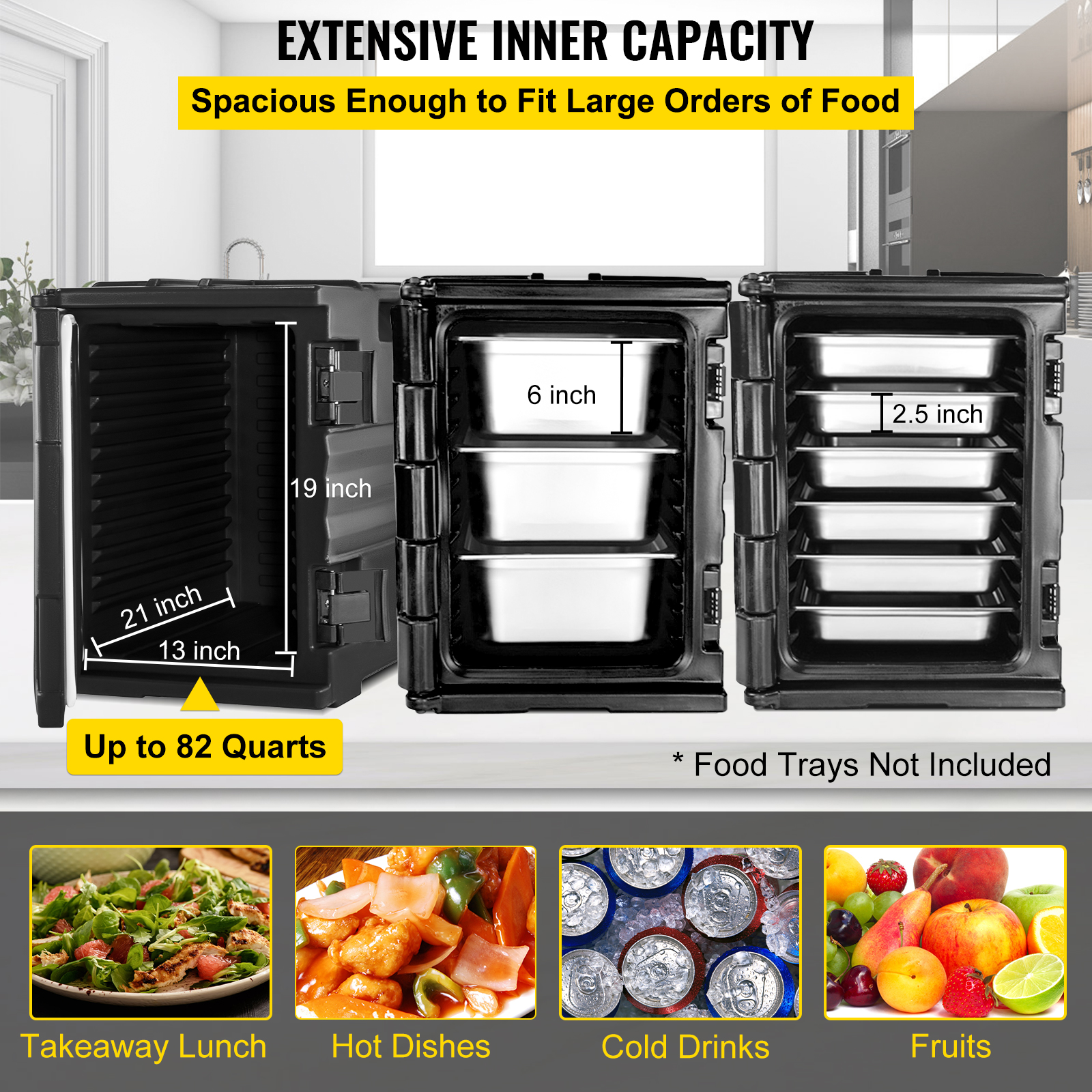 VEVORbrand Insulated Food Pan Carrier，82 Qt Hot Box for Catering，LLDPE Food Box Carrier With Double Buckles，Front Loading Food Warmer With Handles，Stackable End Loader for Restaurant， etc. Black