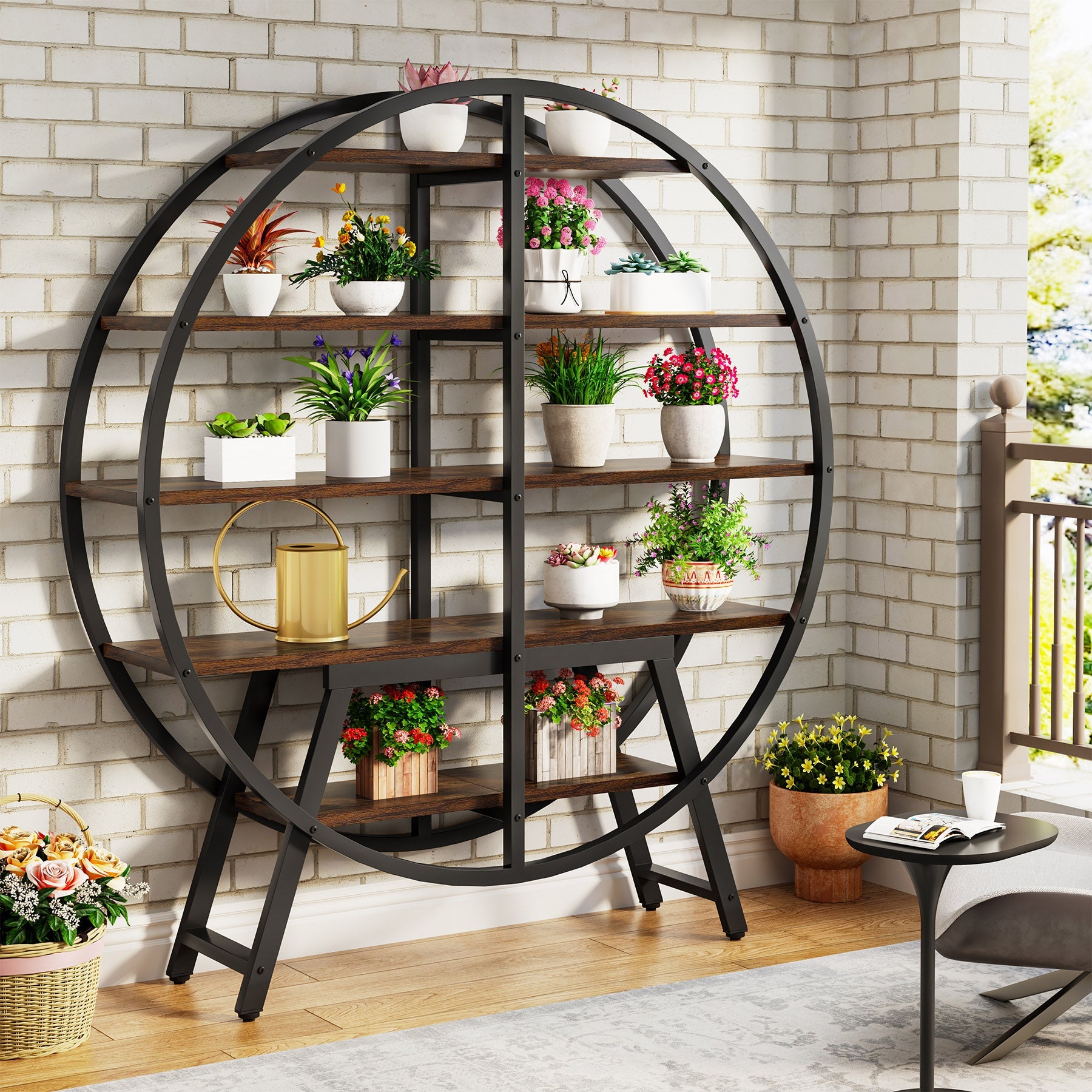 67 Industrial Bookshelf, 5-Tier Round Etagere Bookcase Display Shelf