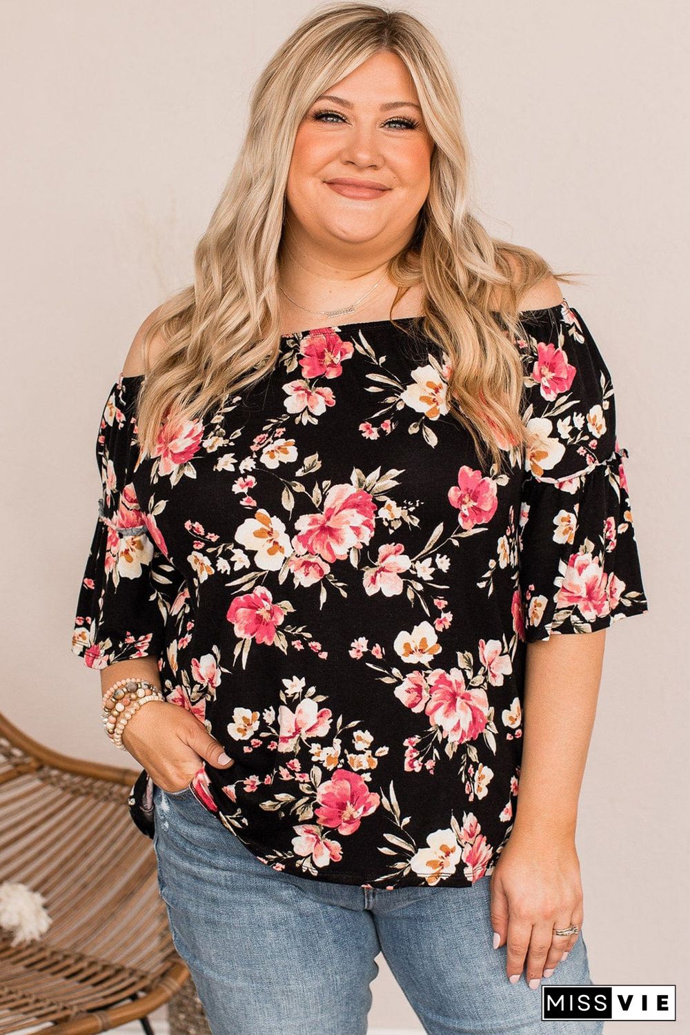 Black Floral Print Off Shoulder Plus Size Blouse