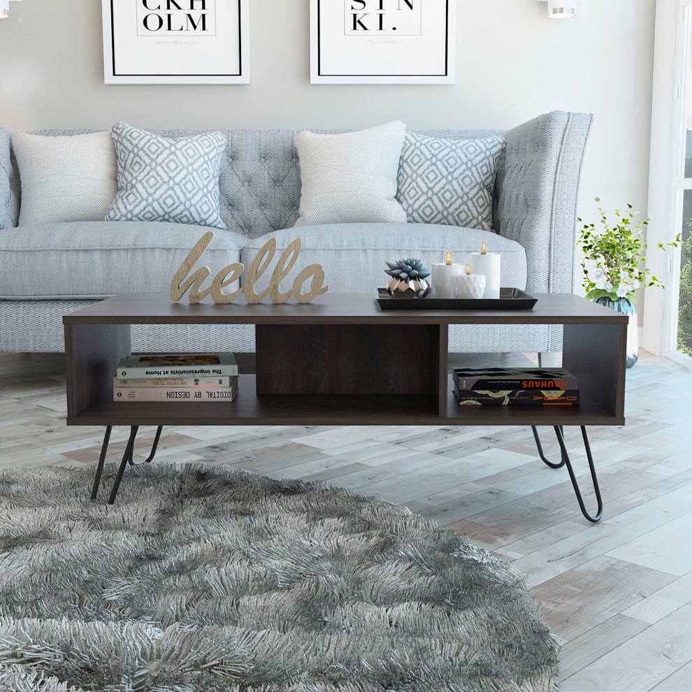 Minnesota Coffee Table with 2 Open Shelves and Hairpin Legs  Carbon Espresso   Midcentury   Coffee Tables   by FM FURNITURE LLC  Houzz