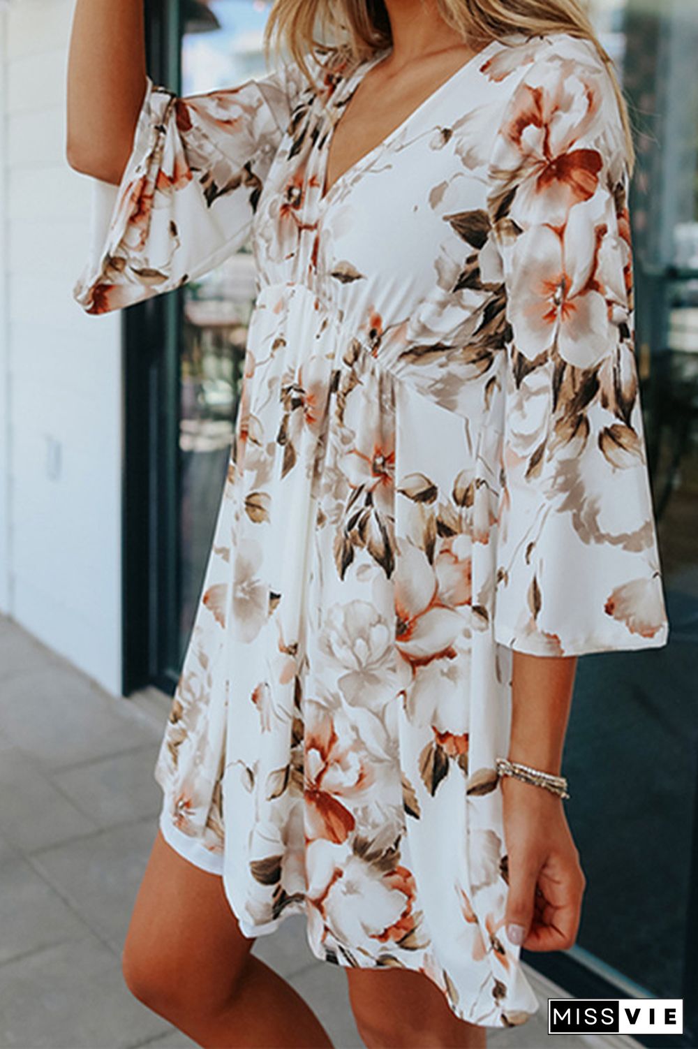 Floral Print Long Sleeve V Neck Short Dress Wholesale