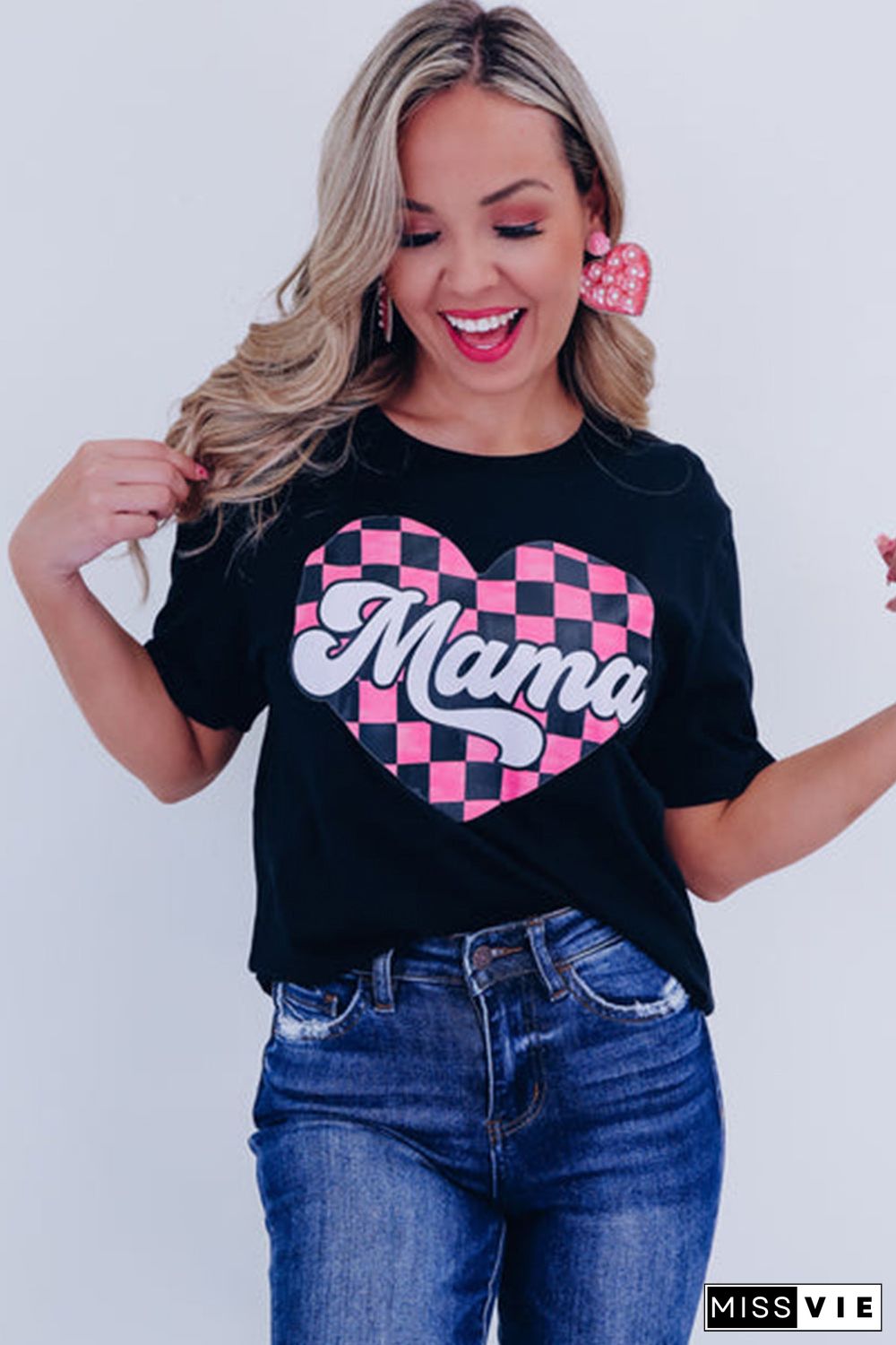 Black Mama Checkered Heart Shape Print Crewneck T Shirt