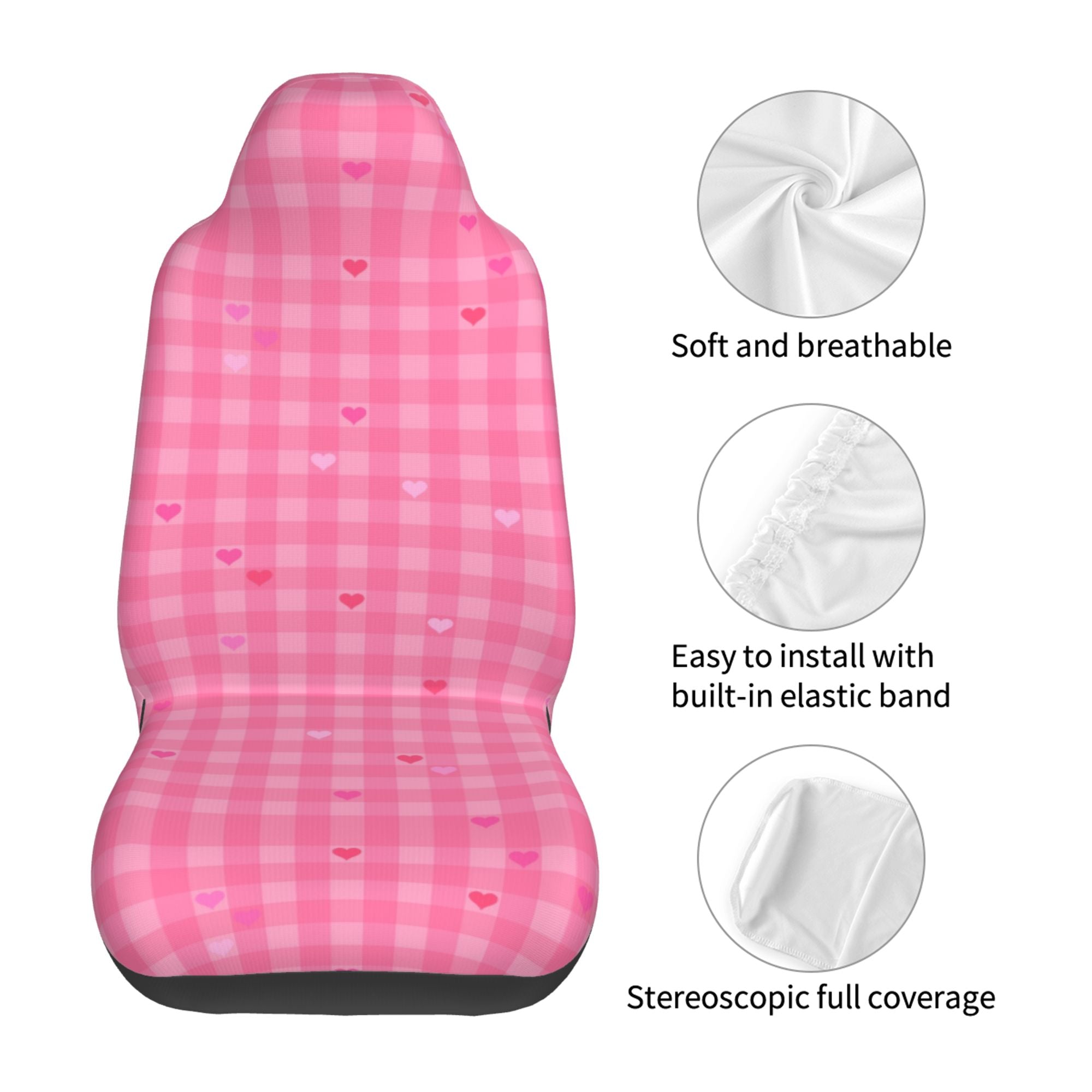 Easy to Install Car Universal Seat Cover， Pink Hearts Checkered Four Seasons Universal Front Seat Cover， 2-Piece