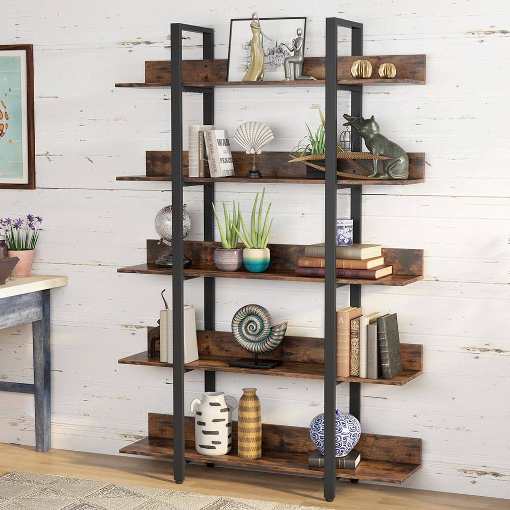 TRIBESIGNS WAY TO ORIGIN Bingo 71.6 in. Rustic Brown Wood 5-Shelf Etagere Bookcase with Back Fence HD-F1248