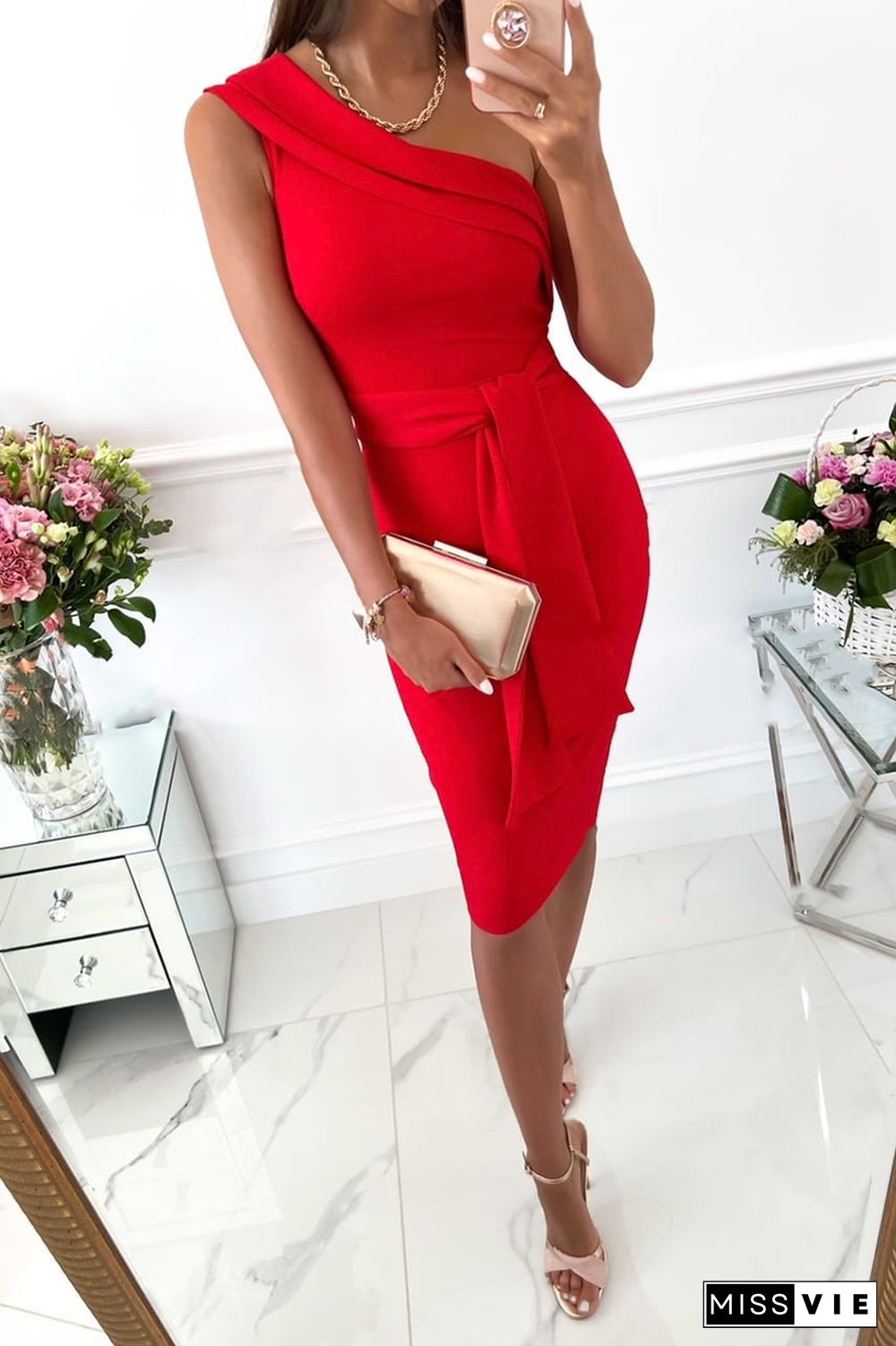 Fashion Solid Bandage One Shoulder Pencil Skirt Dresses(5 Colors)