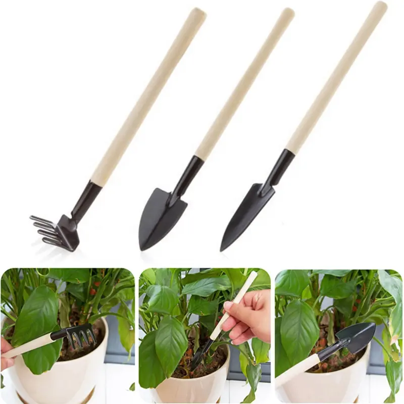 Heavy Duty 3Pcs Mini Gardening Hand Tool Kit with Wooden Handle for Transplanting Cultivating Weeding Plants