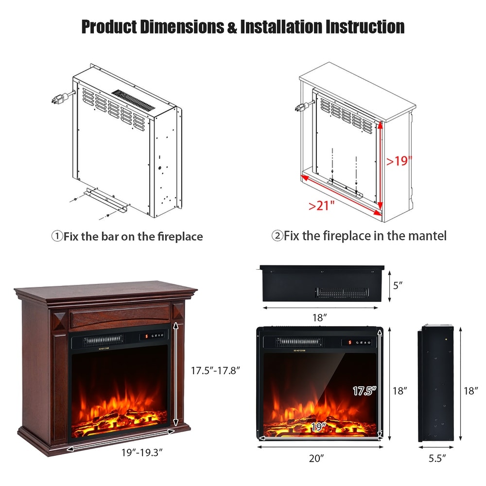 Costway 18''Indoor Electric Fireplace Freestanding   Recessed Heater   See details