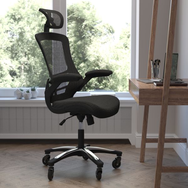 Kelista High-Back Black Mesh Swivel Ergonomic Executive Office Chair with Flip-Up Arms and Transparent Roller Wheels