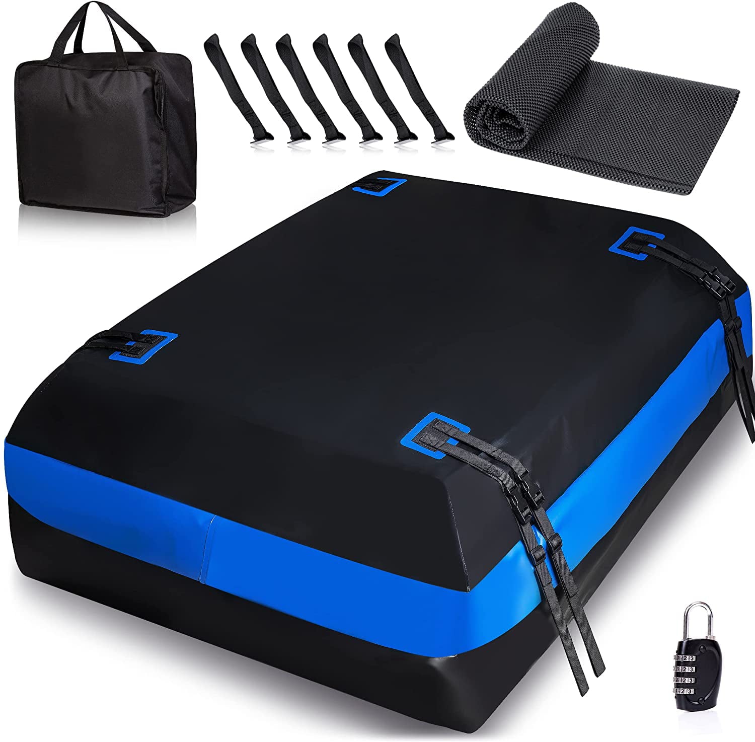 Zone Tech Car Roof Cargo Bag Protective Mat - Black with Blue Stripe Rubberized with A Strong Grip and Extra Cushioning Car Roof Pad