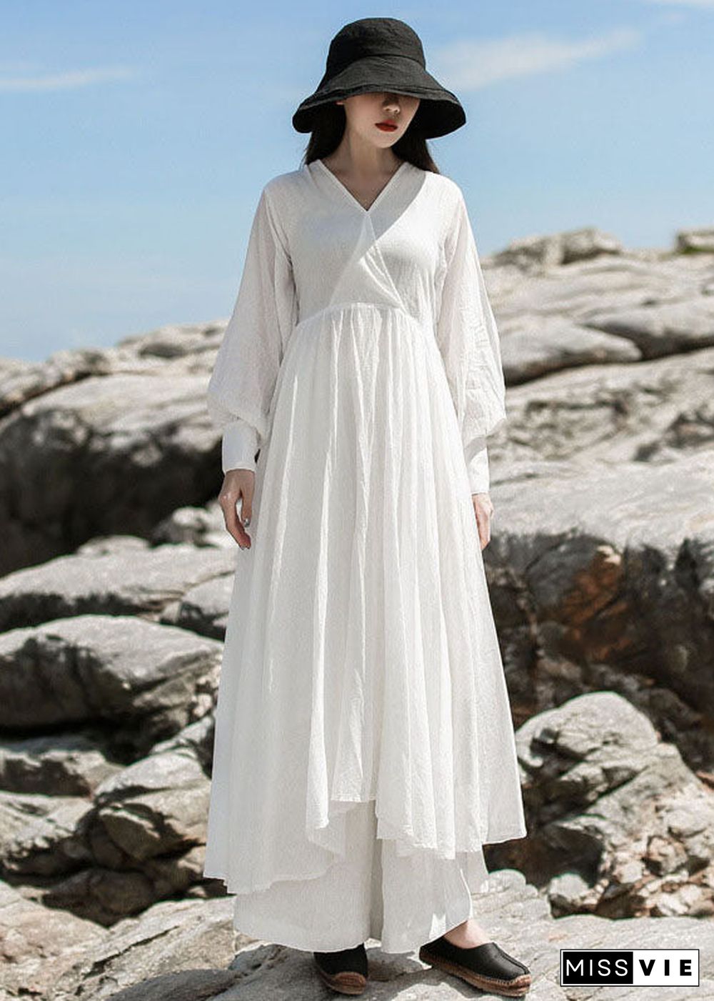 Women White V Neck Patchwork Maxi Dresses Spring