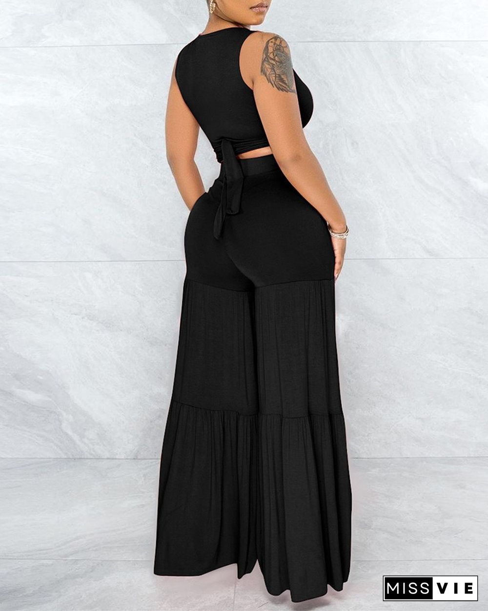 Solid Color Lace-up Ruched Tank Top With Wide Leg Pants Suit Sets