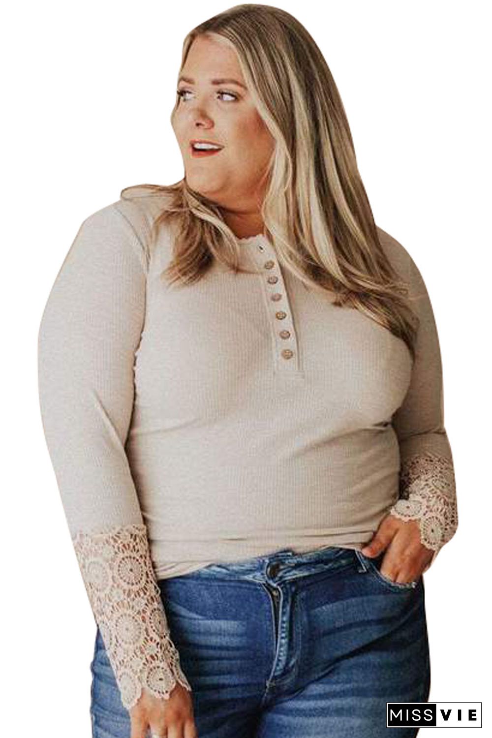 Apricot Lace Splicing Ribbed Long Sleeve Plus Size Top