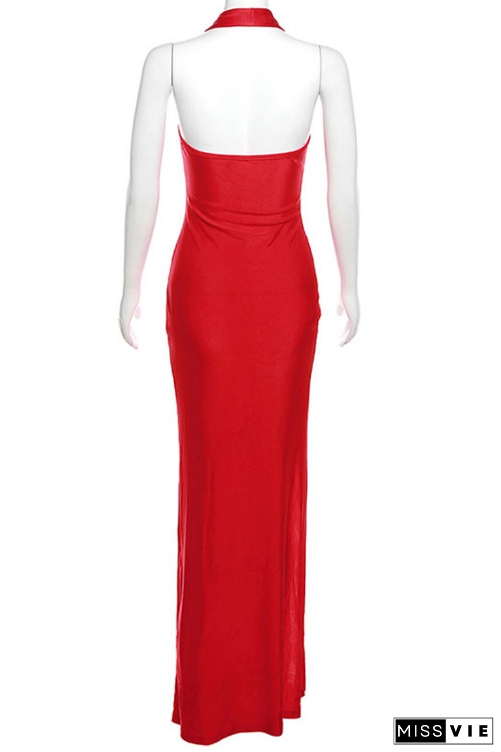 Red Sexy Solid Backless Slit Halter Long Dress Dresses