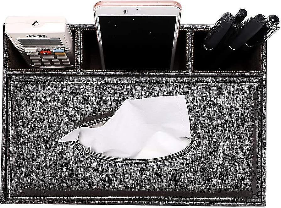 Rectangular Pu Leather Tissue Box Cover - Multifunctional Tissue Box Holder With Stationery Remote C