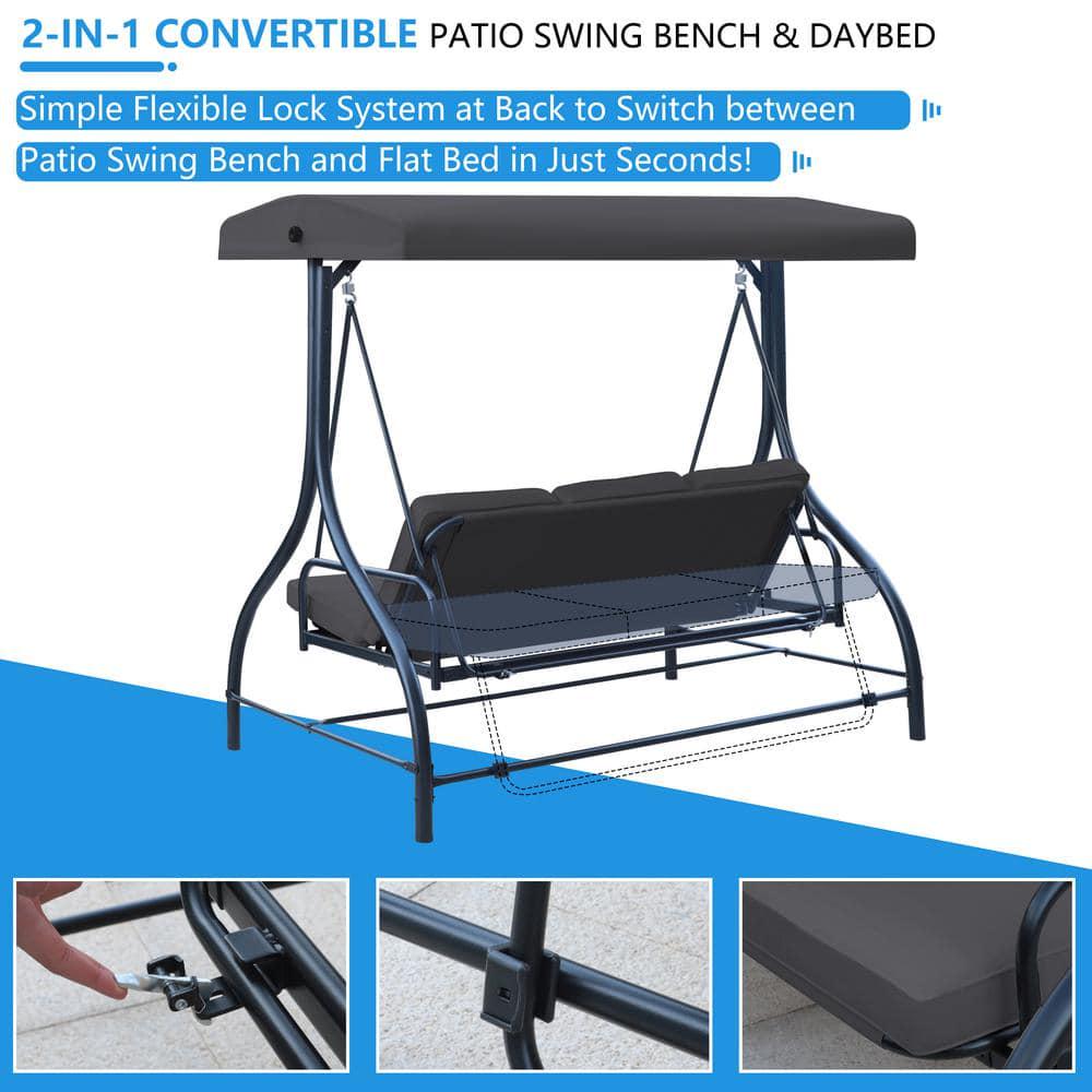 VEIKOUS 3Seat Converting Canopy Patio Swing Steel Lounge Chair with Cushions in Dark Grey