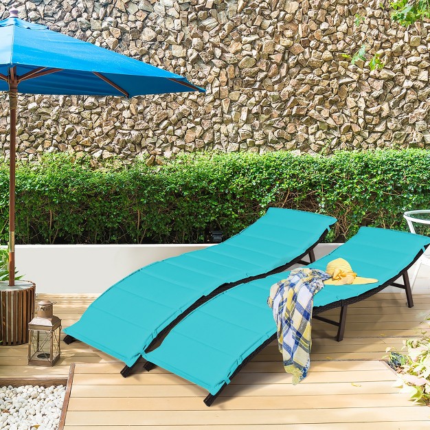 Costway 2pcs Patio Rattan Folding Lounge Chair Chaise Double Sided Cushion Turquoise