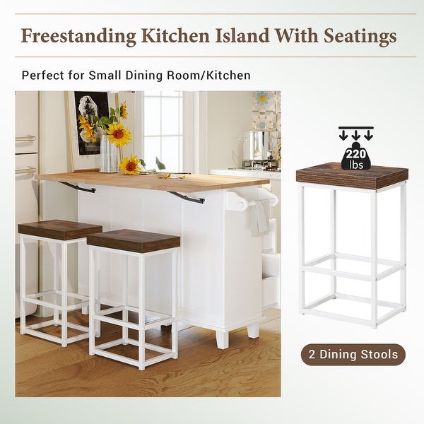 3-Piece Kitchen Island Set with Drop Leaf and 2 Seatings， Dining Table Set with Storage Cabinet， Drawers and Towel Rack