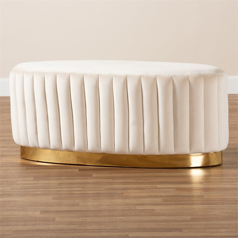 Bowery Hill White Velvet Fabric Upholstered and Gold PU Leather Ottoman   Contemporary   Footstools And Ottomans   by Homesquare  Houzz