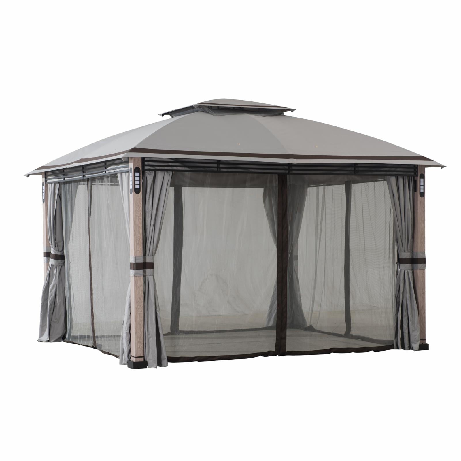 SummerCove Outdoor Patio 11x13 ft. Gray 2-Tier Backyard Soft Top Gazebo with LED Light, Bluetooth Speaker