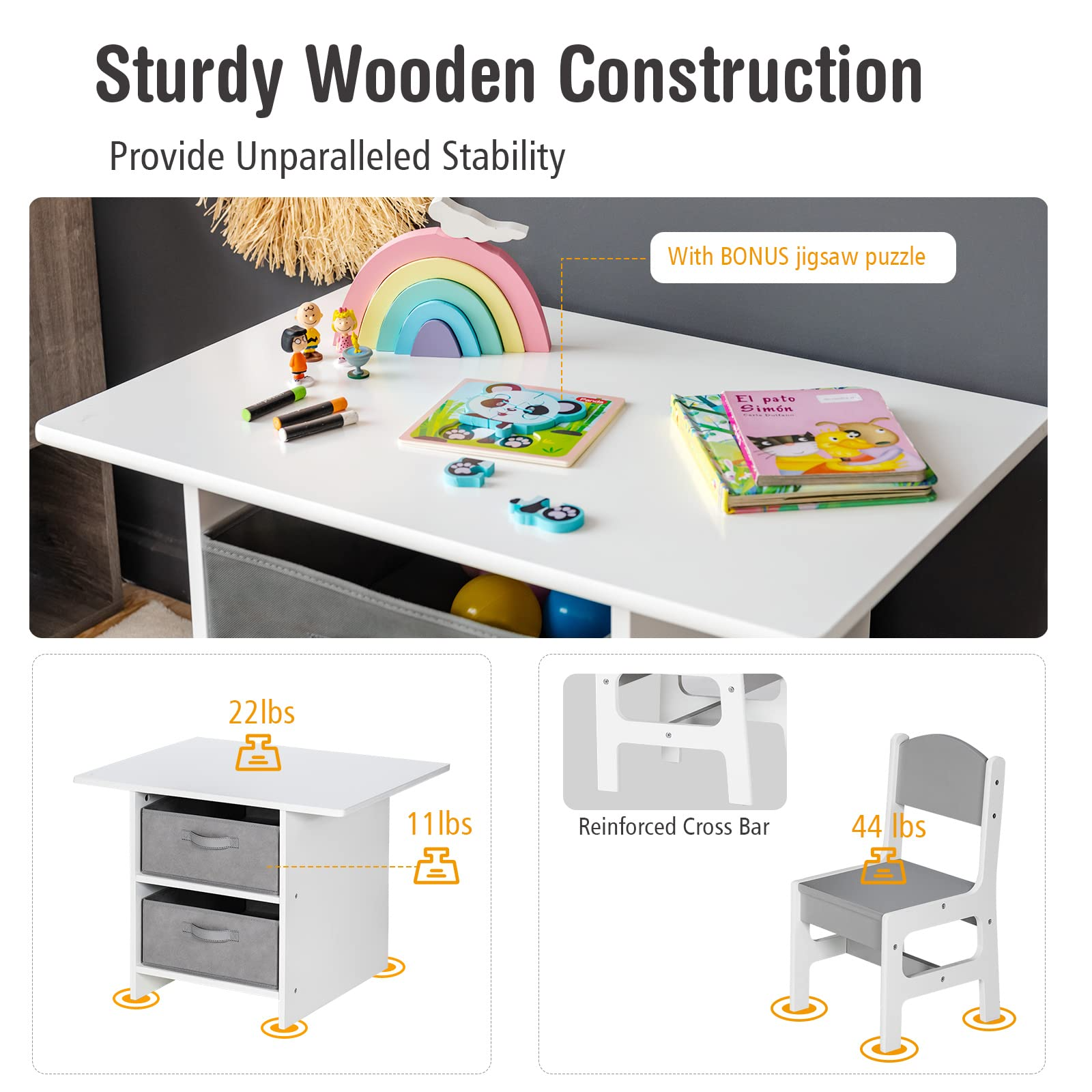 Costzon Kids Table and Chair Set, Wood Activity Table w/Toy Storage Baskets