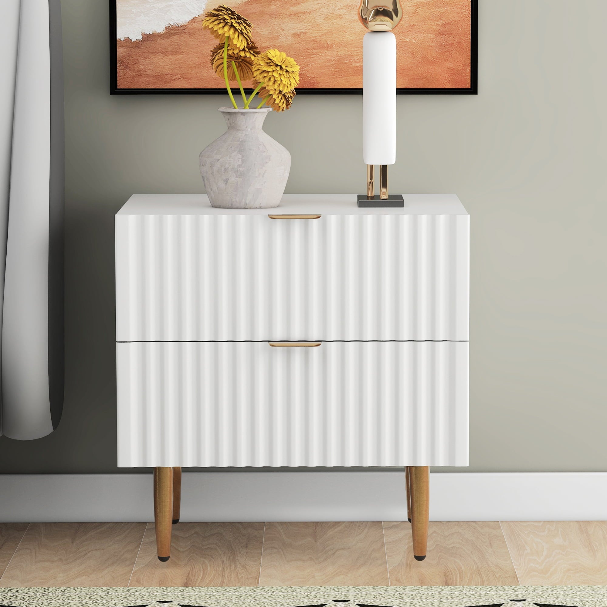 Canddidliike Modern White Nightstand with 2 Drawers for Bedroom, Storage Bedside Table with Wood Leg