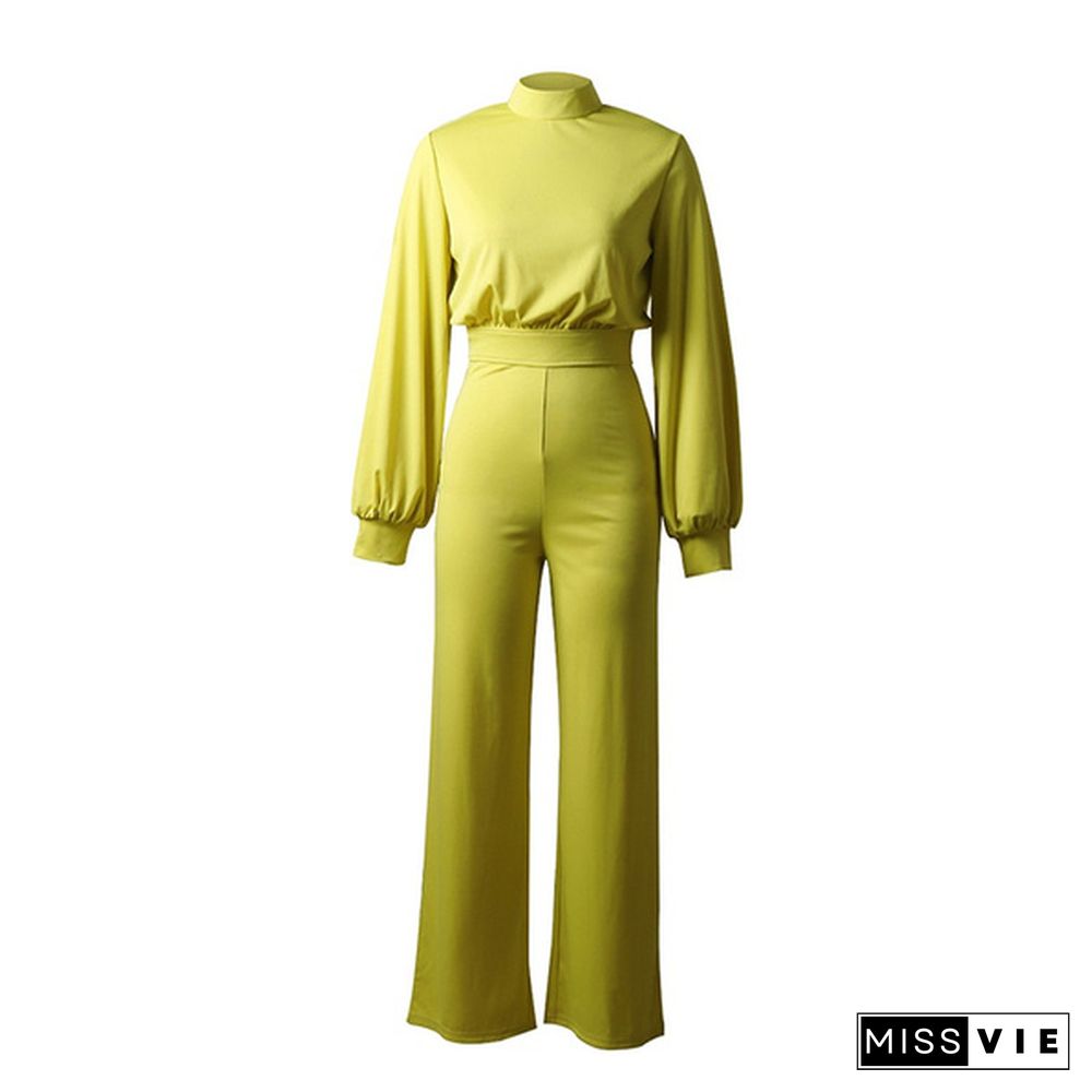 Women Fashion Long Sleeve High Waist Solid Color Jumpsuits