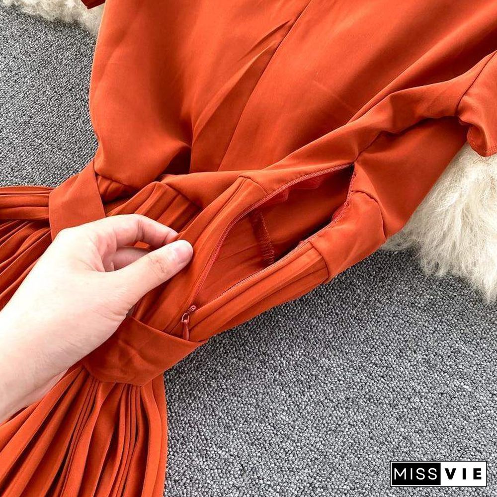 Autumn Fashion New Female Solid Pleated Dress Women V neck Short Sleeves Sashes Long Dresses Summer Streetwear Vintage