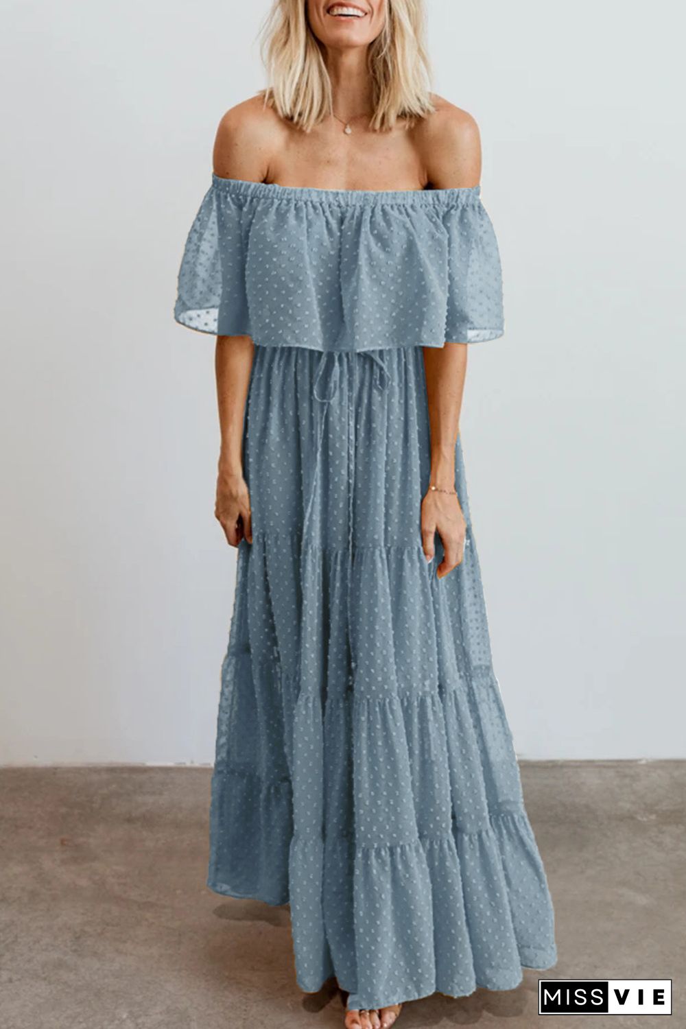 Sky Blue Off Shoulder Ruffle Swiss Dot Maxi Dress