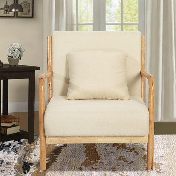 Linen Accent Chairs with Wood Legs - Upholstered Lounge Arm Chairs