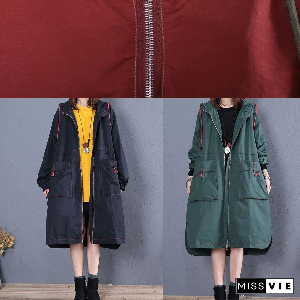 Elegant Loose fitting long jackets fall jacket red side open hooded Coat Women