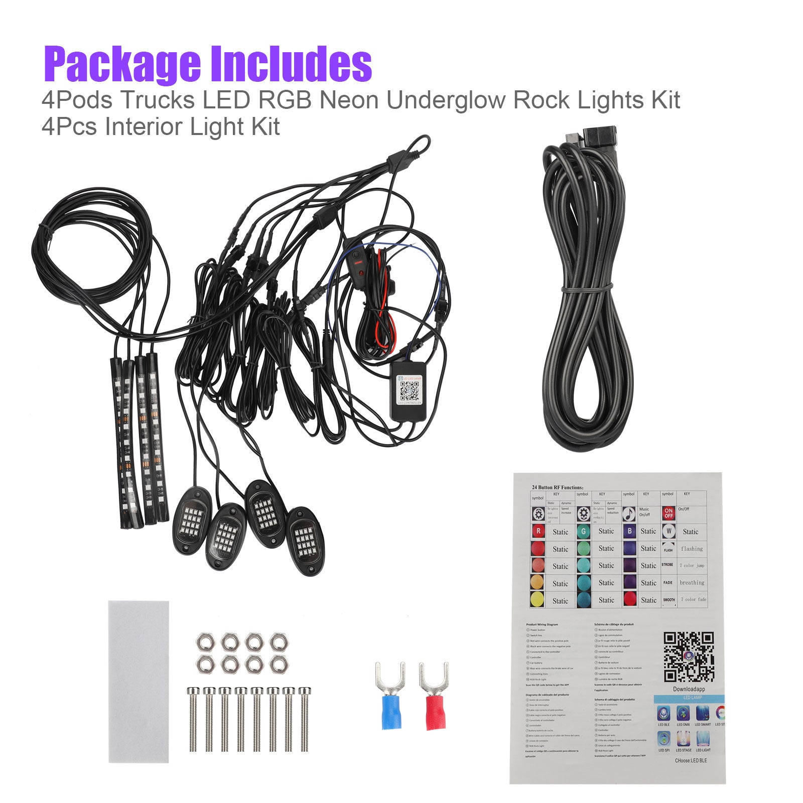 Truck LED Rock Lights， TSV 64 LEDs Multi-Color Truck Bed Light Kit with Remote Controller， Waterproof RGB Under Body LED Truck Bed Lighting for 12V Cars Pickup Truck， RV， SUV