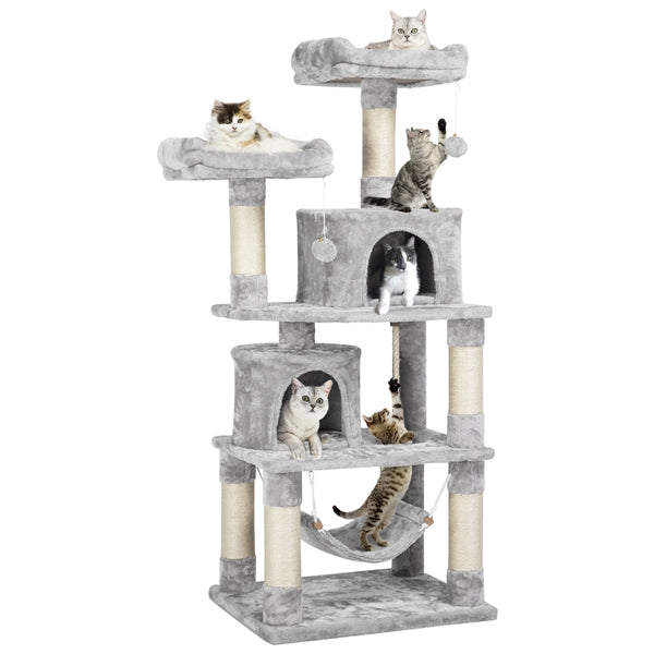 SMILE MART 62.2" Double Condo Cat Tree and Scratching Post Tower, Light Gray