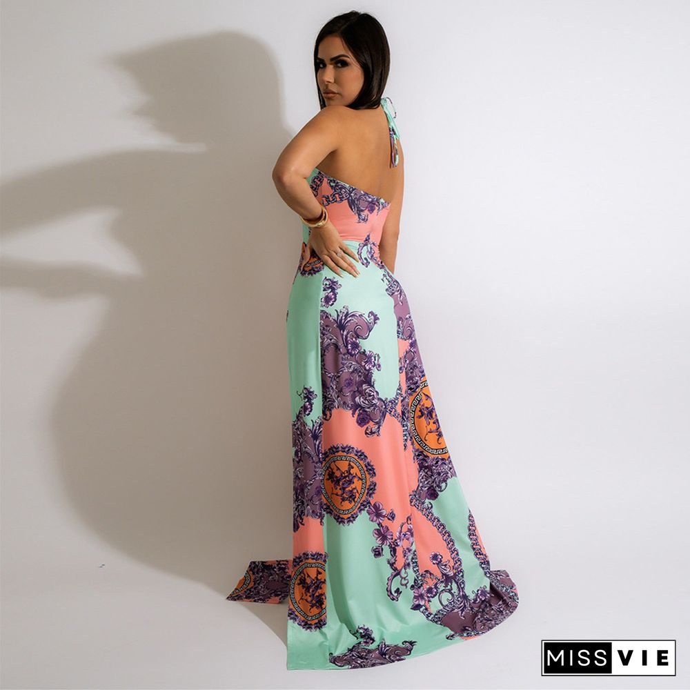 Vintage Pattern Printed High Slit Backless Maxi Dress