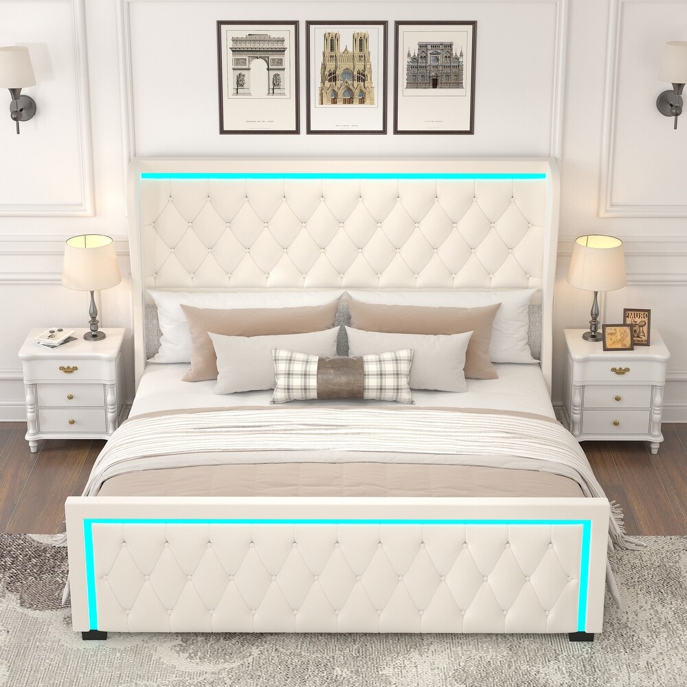 Velvet Wide Wingbacks Platform Bed Frame with Adjustable Colorful LED Light Frame Stitched Button Tufted High Headboard