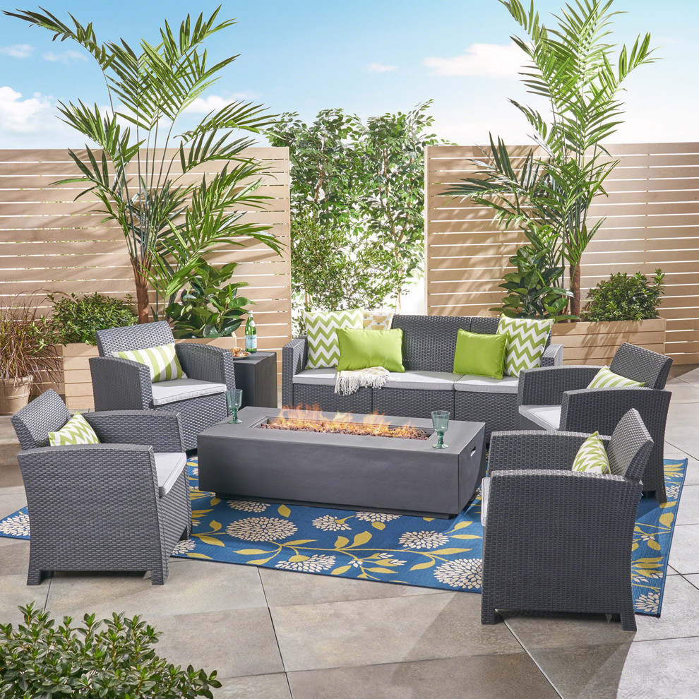 GDF Studio Ken Outdoor 7 Seater Chat Set With Fire Pit   Tropical   Outdoor Lounge Sets   by GDFStudio  Houzz